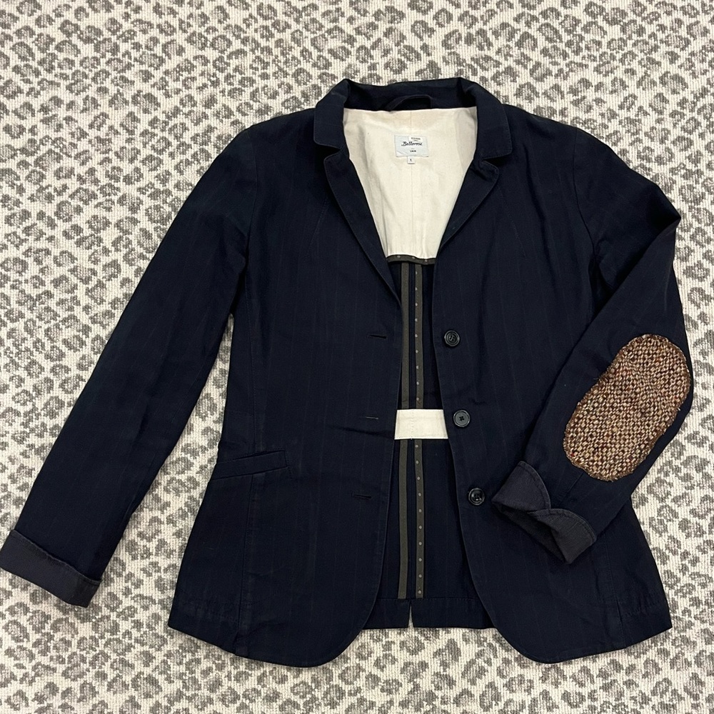 Navy pinstripe blazer with tweed elbow patch detail from BellaRose Belgium.